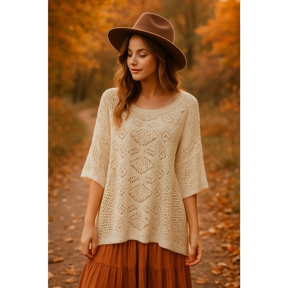 BCBG MaxArzia Sweater S/M Crochet Open Knit Delicate Cream Oversized Boho